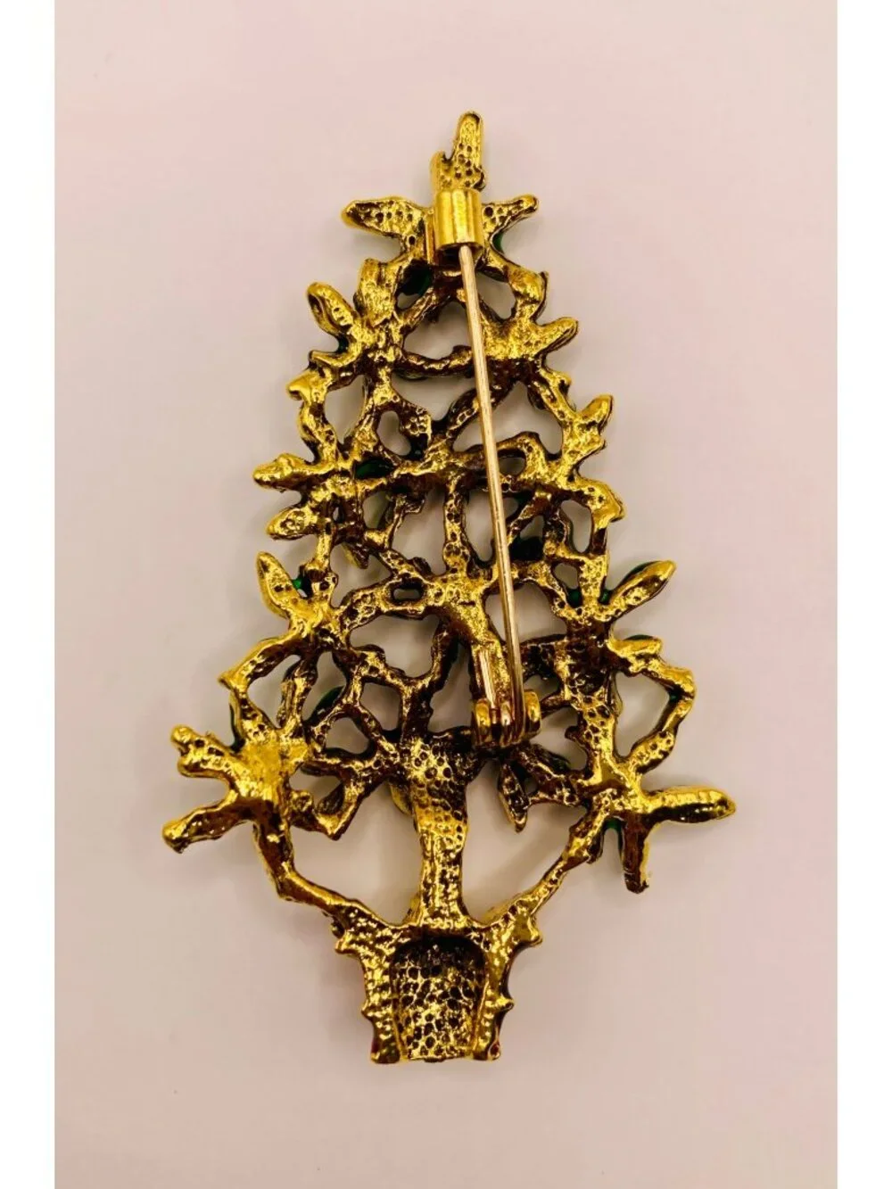 Christmas Holiday Tree Pin Brooch Green Enamel & Red Rhinestones -52B